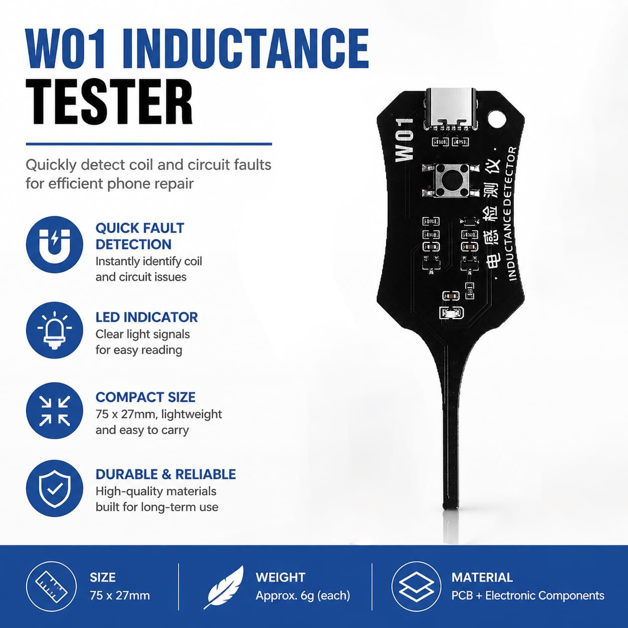 Co Detector Plug - W01 Typ C Induktivitätstester Hauptplatinen-Spulentester Induktivitätsdetektor
